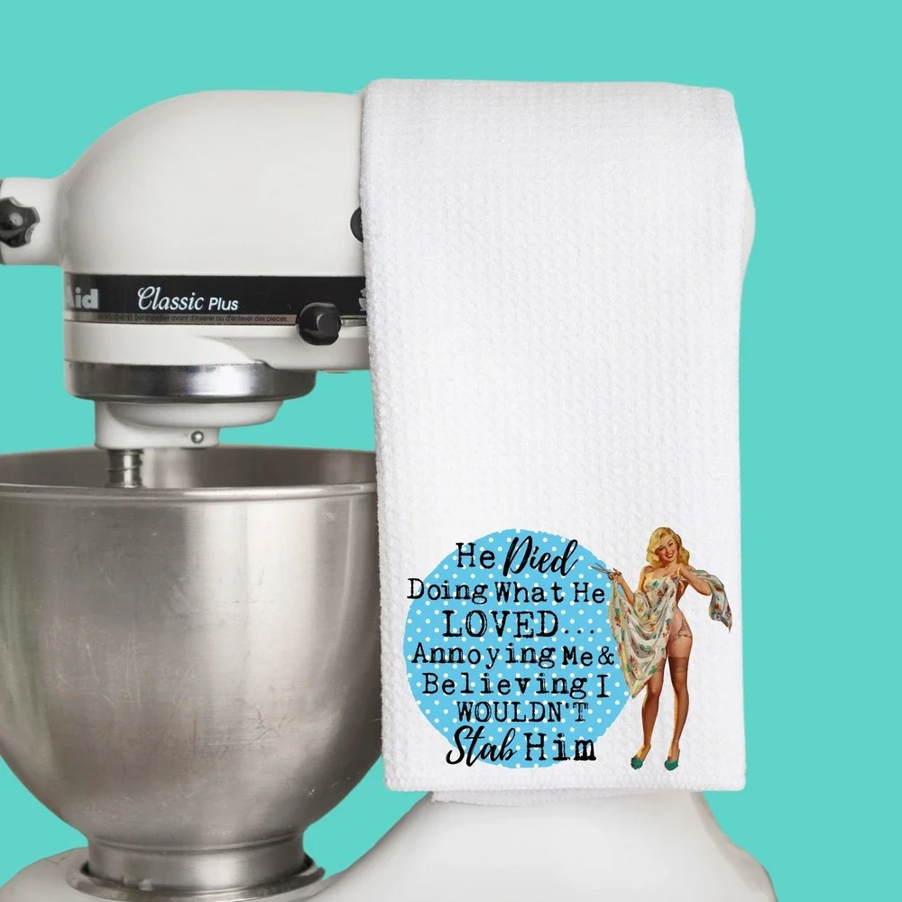 Funny Retro Pinup Waffle Weave Kitchen Towel White Blue Polka Dot Snarky Decor